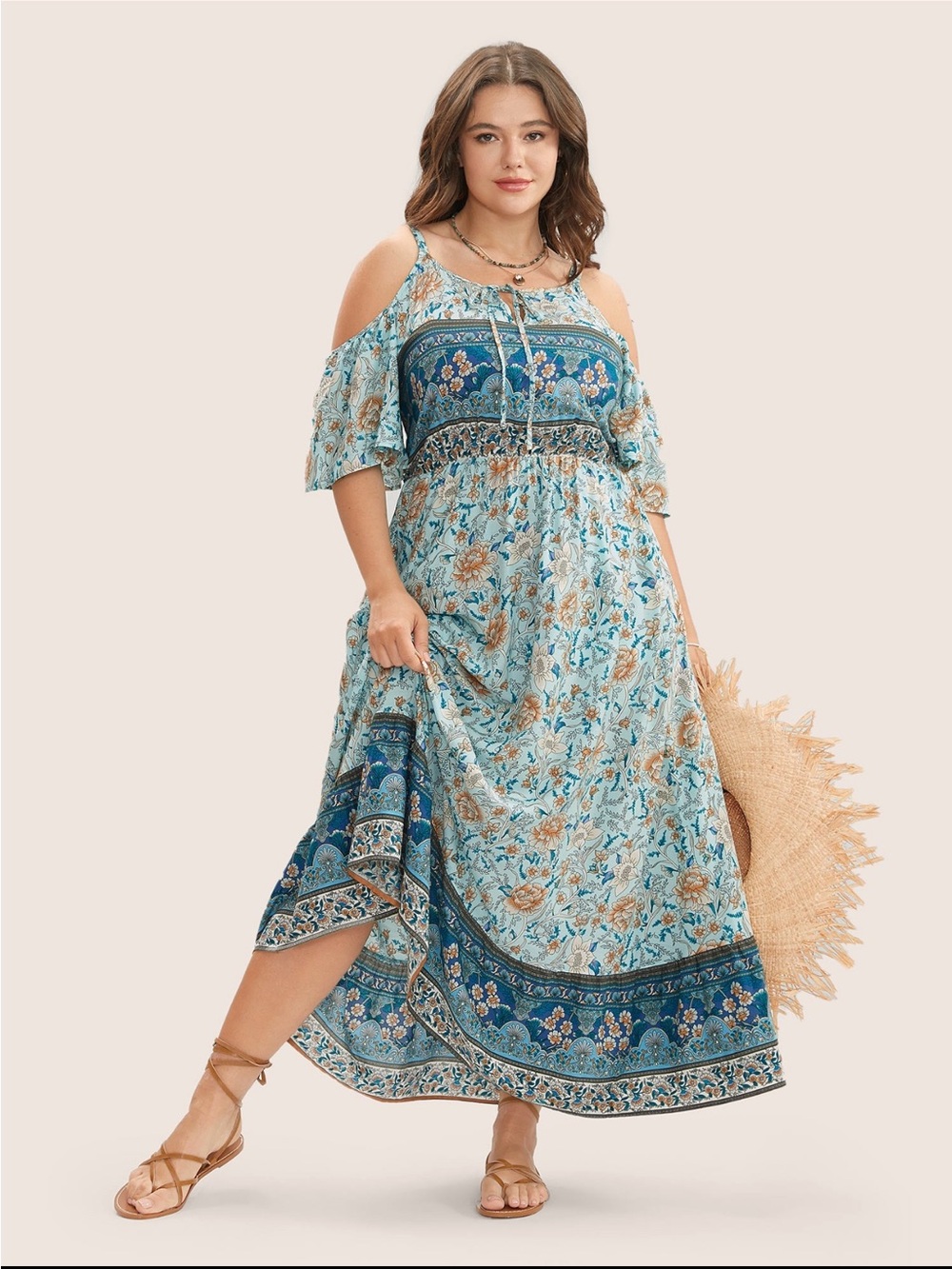 Boho Cold-Shoulder Maxi Dress in Emerald Floral Print size 1X (14-16)